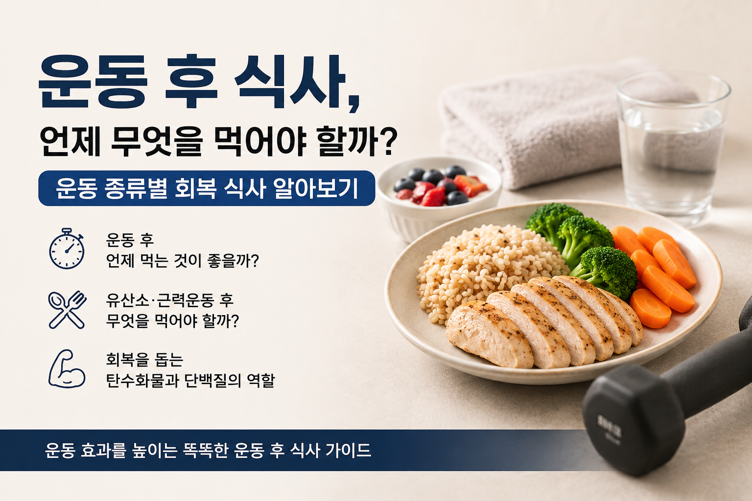 운동 후 닭가슴살과 곡물, 채소로 구성된 회복 식사